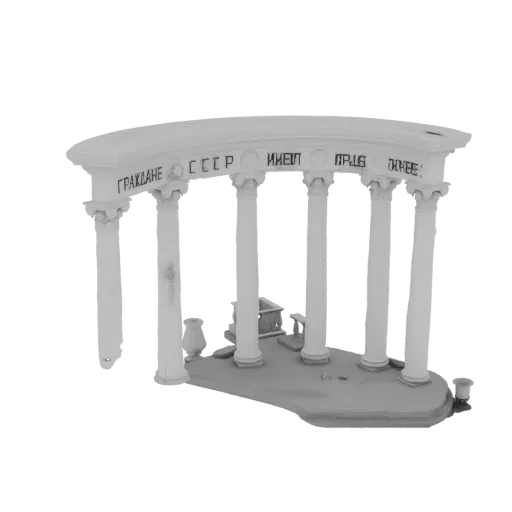 3D модель белой советской монументальной арки с классическими колоннами и кириллическими надписями.
