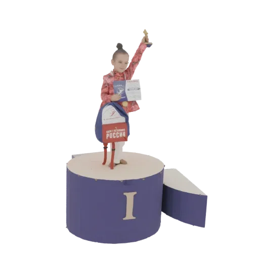 3D модель девочки в цветочной куртке с кубком на пьедестале почета, с сертификатом и медалью.