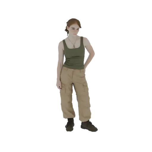 3D-модель женщины с рыжими волосами в зеленой майке и брюках-карго цвета хаки, стоящей, положив одну руку на бедро.