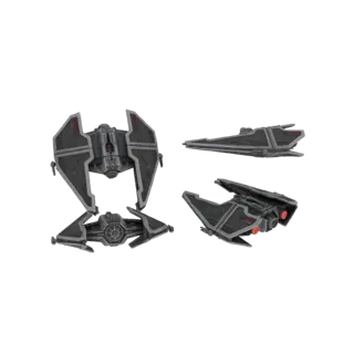 3D модель имперского истребителя TIE Defender, показанная с разных ракурсов на белом фоне.