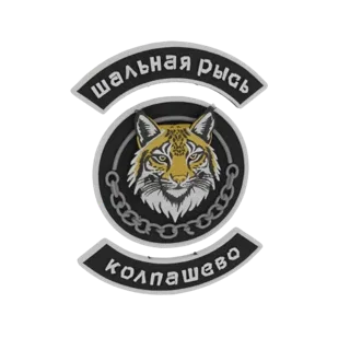 3D модель нашивки «Дикая Рысь» с головой рыси, цепями и русским текстом, представленная на белом фоне.