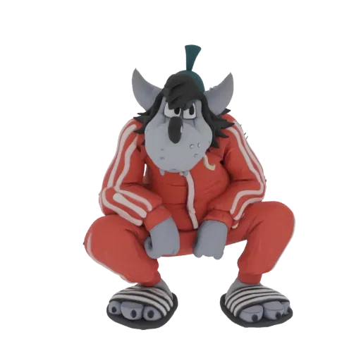 3D модель Волка из Ну, погоди! в красном спортивном костюме, сидящего на корточках.