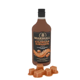 3D модель бутылки сиропа Marshall "Соленая карамель" с россыпью карамельных конфет