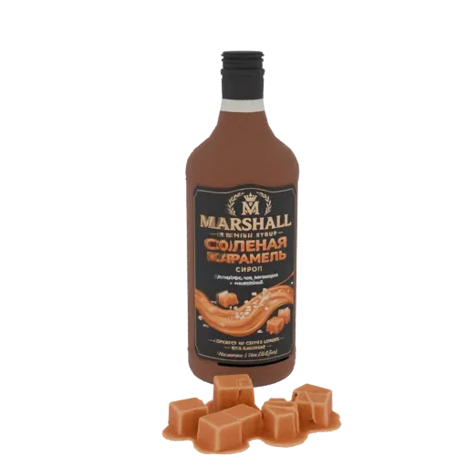3D модель бутылки сиропа Marshall "Соленая карамель" с россыпью карамельных конфет
