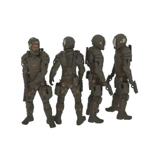 3D рендер четырех научно-фантастических солдат в тактическом снаряжении, стоящих в строю на белом фоне.
