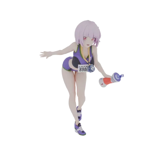 3D модель аниме-девушки в фиолетовом спортивном топе и шортах, бегущей с бутылкой воды и в медали.