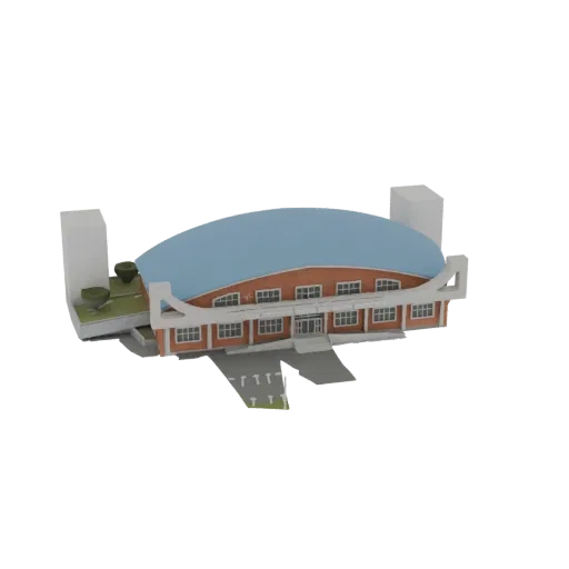 3D модель современной спортивной арены с изогнутой голубой крышей, кирпичным фасадом и боковыми белыми башнями на черном фоне