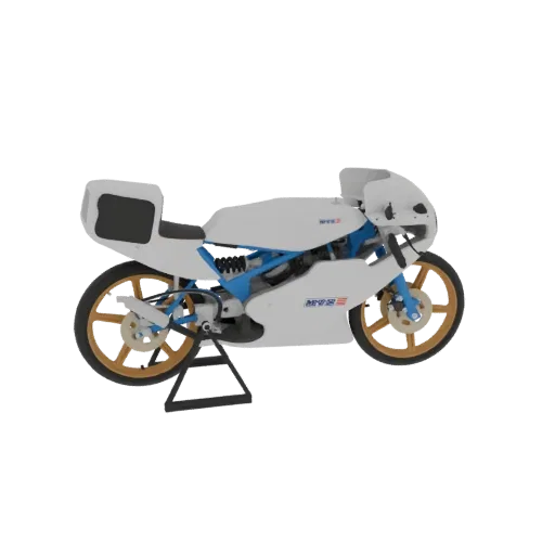 Вид сбоку 3D-модели винтажного бело-синего гоночного мотоцикла с золотыми колесами, отображаемый на черном фоне.