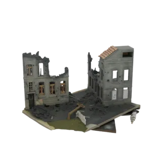 3D модель диорамы разрушенного европейского городского дома с обломками и поврежденными зданиями