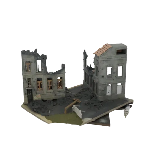 3D модель диорамы разрушенного европейского городского дома с обломками и поврежденными зданиями