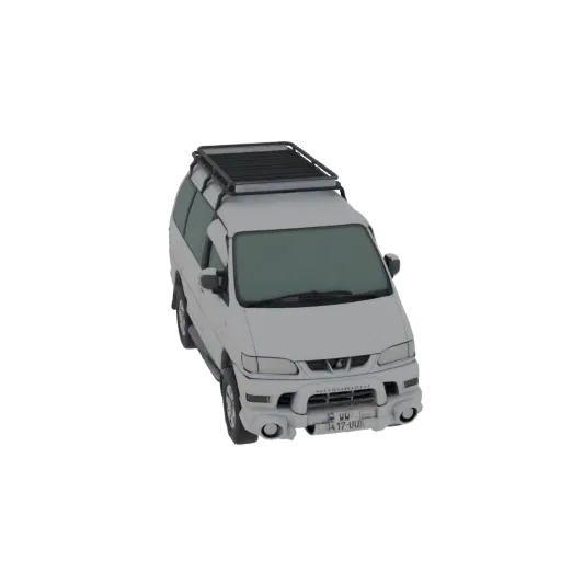 3D модель белого фургона Mitsubishi Delica с черным багажником на крыше, вид спереди справа под небольшим углом.