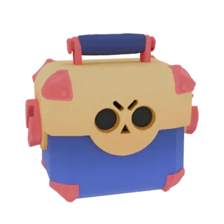 3D модель ящика с добычей Brawl Stars с желтой верхней частью, синим дном и сердитым лицом.