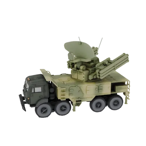3D модель самоходного ЗРК "Бук-М3" с радаром и пусковыми установками, вид спереди-сбоку.