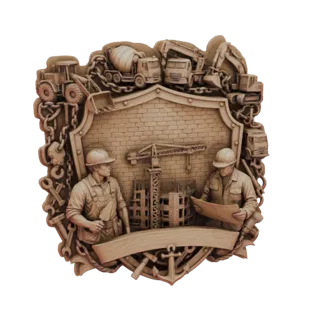 3D модель эмблемы строителей с двумя рабочими, краном, спецтехникой и цепями, выполненная в детализированном стиле барельефа.