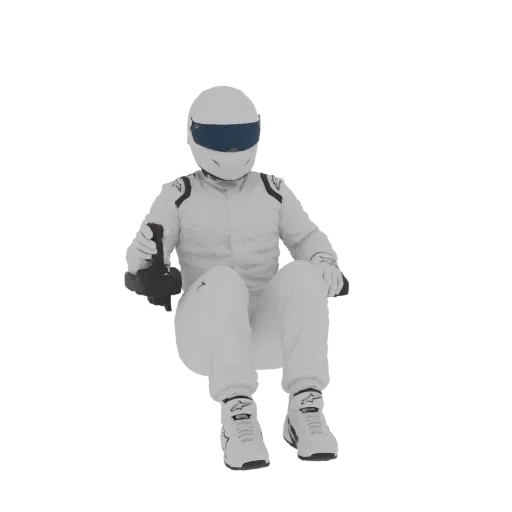 3D модель гонщика в белом костюме и шлеме, держащего джойстик.