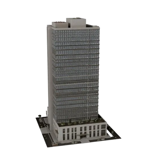 Реалистичная 3D модель высотного офисного здания, вид с трех четвертей снаружи, демонстрирующий материалы коммерческого офисн