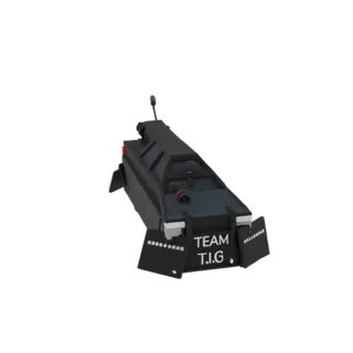 3D модель черного бронированного автомобиля с брендингом 'TEAM T.I.G.' сзади, с усиленной кабиной и защитной передней броней.