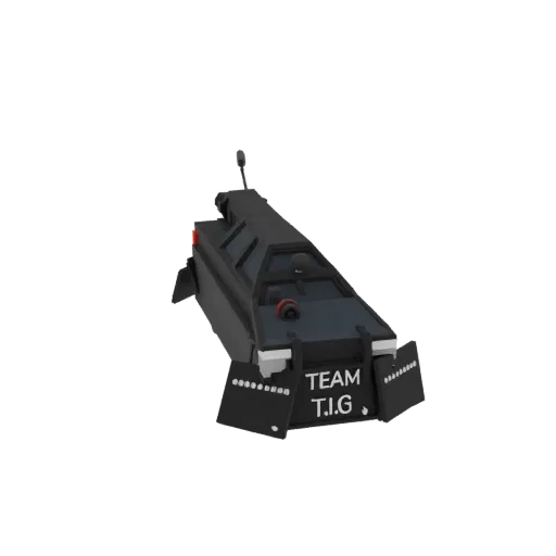 3D модель черного бронированного автомобиля с брендингом 'TEAM T.I.G.' сзади, с усиленной кабиной и защитной передней броней.