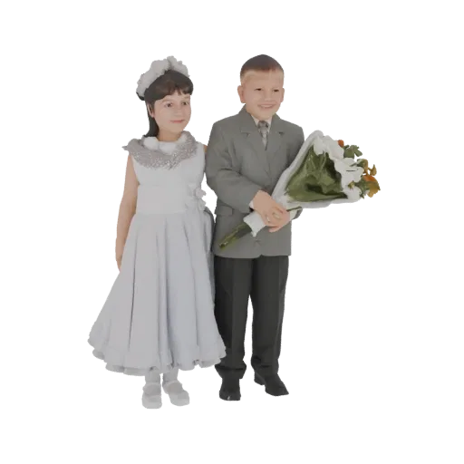3D модель улыбающегося мальчика в сером костюме с букетом и девочки в светло-голубом вечернем платье рядом с ним.