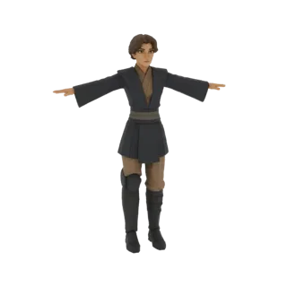 3D модель персонажа юного джедая в позе T, одетого в традиционные одежды и сапоги джедая, на белом фоне.
