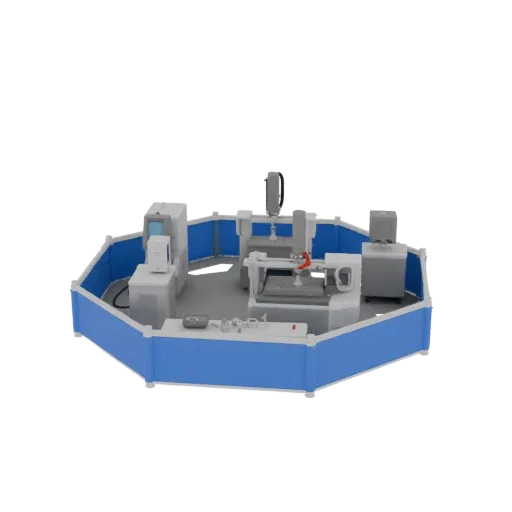 3D модель восьмиугольного модуля производственной ячейки с ЧПУ станками, 3D принтерами и верстаком, окруженного синим огражде