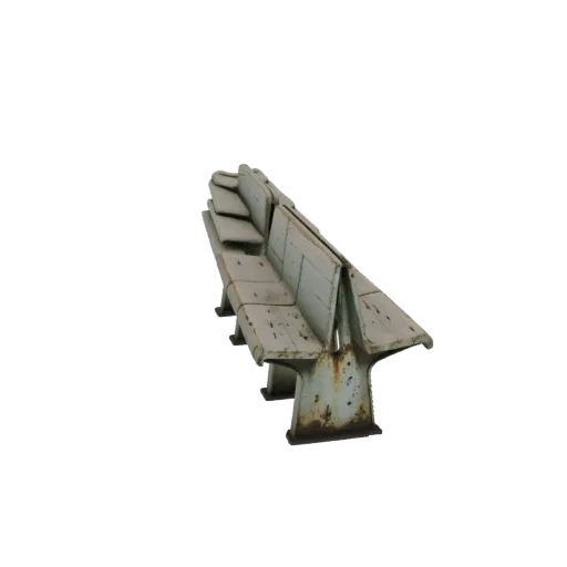 3D модель потрепанной, ржавой металлической общественной скамейки с несколькими секциями для сидения, с облупившейся краской