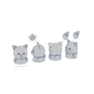3D render of a cute, light gray stitched cat character shown from multiple angles, with optional bunny ears.