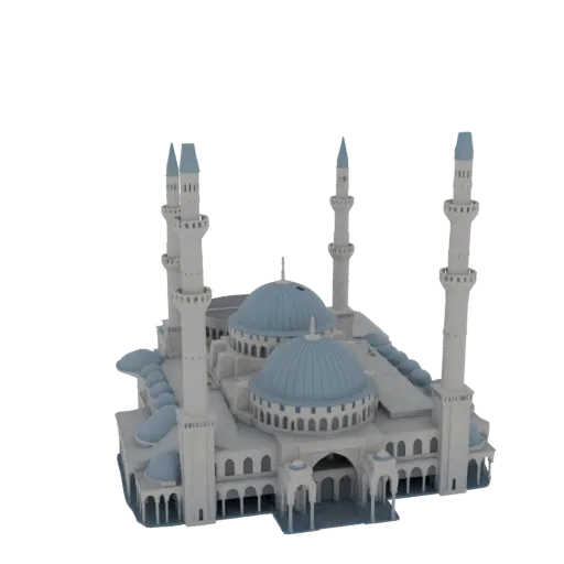 3D модель большой мечети с несколькими куполами и высокими минаретами, выполненная в светло-серой и синей цветовой гамме.