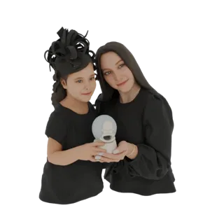 3D модель матери и дочери, улыбающихся и держащих снежный шар с Гомером Симпсоном, обе в черных нарядах.
