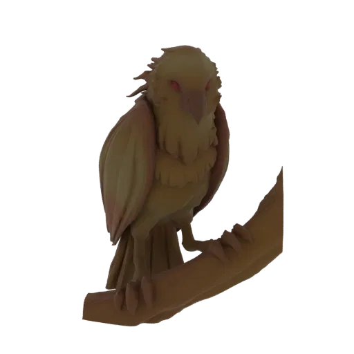 3D модель величественного феникса с горящими красными глазами, сидящего на текстурированной коричневой ветке, отрисованная в