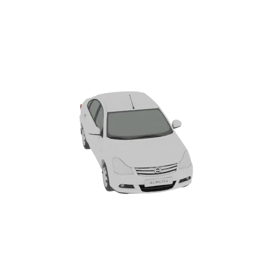 3D-рендер белого седана Nissan Almera, вид под слегка приподнятым углом спереди справа на белом фоне.