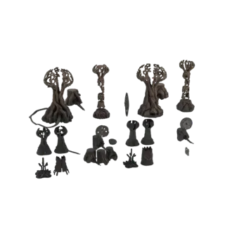 Коллекция темных, корявых 3D моделей деревьев, пней и лесного мусора на белом фоне.