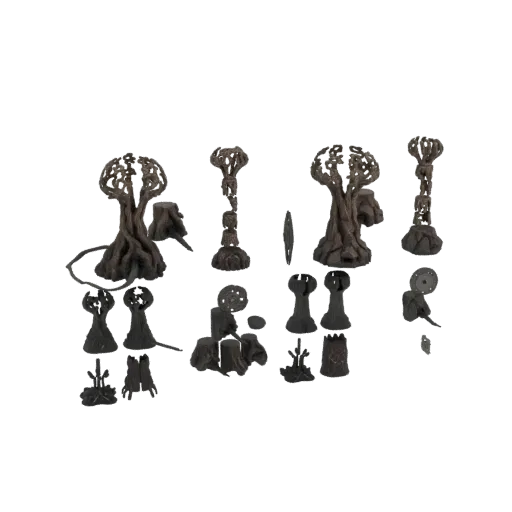Коллекция темных, корявых 3D моделей деревьев, пней и лесного мусора на белом фоне.