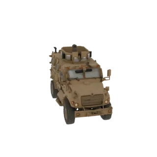 3D модель бронированного автомобиля International MaxxPro MRAP песочного цвета с турелью, вид спереди-сбоку на белом фоне.