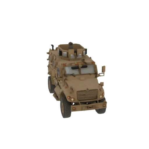3D модель бронированного автомобиля International MaxxPro MRAP песочного цвета с турелью, вид спереди-сбоку на белом фоне.