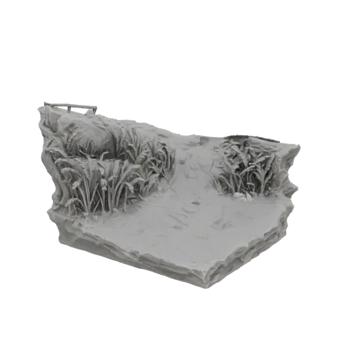 3D модель каменистой тропы с густой растительностью, основа для диорам или игр.