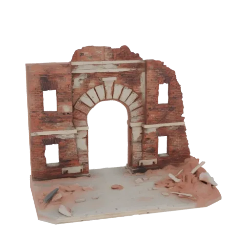 3D модель разрушенной римской арки с обломками на основании для диорамы, показывающая текстуры кирпича и состаренный камень.