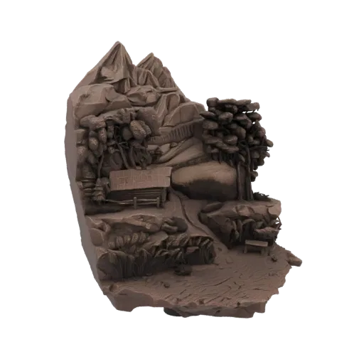 3D модель диорамы горной хижины с бревенчатой хижиной, извилистой тропой, деревьями и скалистыми горами.
