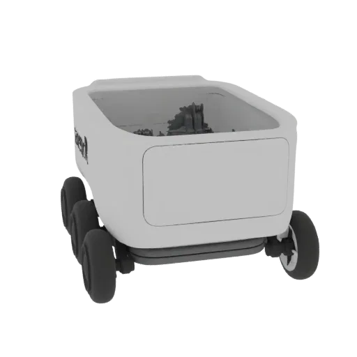 3D модель белого автономного робота-доставщика с шестью колесами и открытым грузовым отсеком, показывающим внутренние механиз
