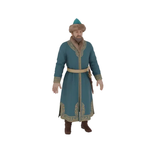 3D модель исторического воина в бирюзовом одеянии с золотой отделкой и меховой шапкой, стоящего на белом фоне.