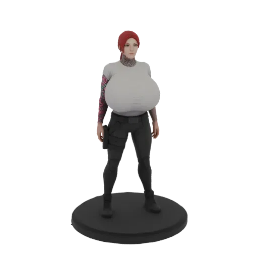 3D модель татуированной женщины с большой грудью, в тактической одежде, стоящая на круглой подставке.