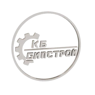 3D модель логотипа KB Bipstroy с металлической шестерней и рельефным текстом в круглой рамке.