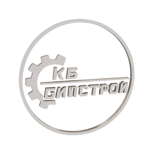 3D модель логотипа KB Bipstroy с металлической шестерней и рельефным текстом в круглой рамке.