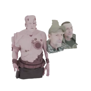 Рендер 3D-модели: киберпанк-бюст в стиле Франкенштейна с двумя реалистичными бюстами военных по бокам, на белом фоне.