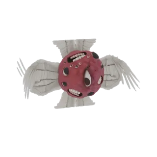 3D model of a grotesque, fleshy red orb with multiple eyes and mouths, surrounded by white feathered wings, against a white b