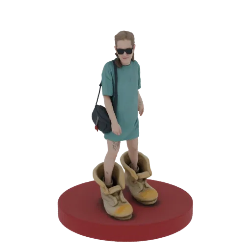 3D-модель персонажа в огромных коричневых ботинках, солнцезащитных очках и бирюзовой футболке на красном основании.