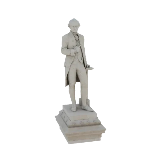 3D модель статуи Александра Гамильтона, похожей на каменную, стоящей на декоративном постаменте, на белом фоне.