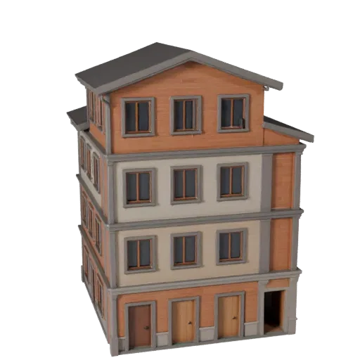 Стилизованная 3D модель таунхауса, изометрический вид стилизованной игровой среды, показывающий материалы жилого дома и архит