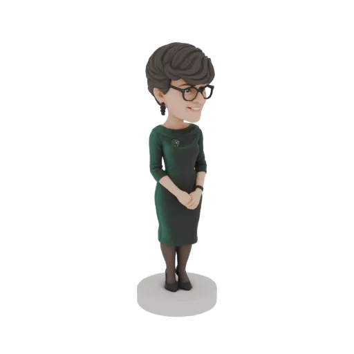 3D модель фигурки кивающая голова женщины в зеленом платье и очках, стоящей на белой круглой подставке.