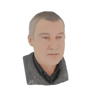 Рендер 3D-модели бюста мужчины среднего возраста в темной рубашке и текстурированной серой куртке, с короткими седыми волосам